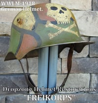 Image 1 of Replica WWI German M-1918 "Cut-out" Helmet & Leather Liner. Camouflage Pattern.  Freikorps