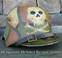 Image 2 of Replica WWI German M-1918 "Cut-out" Helmet & Leather Liner. Camouflage Pattern.  Freikorps