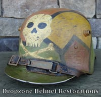 Image 4 of Replica WWI German M-1918 "Cut-out" Helmet & Leather Liner. Camouflage Pattern.  Freikorps