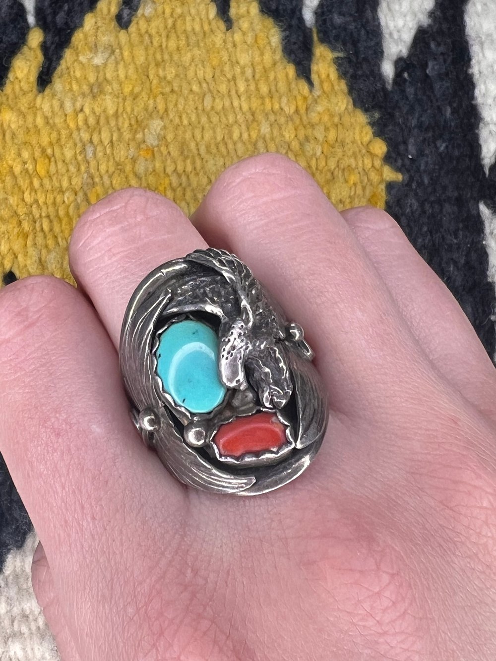 Sterling Eagle with Turquoise and Coral Ring (12.25)