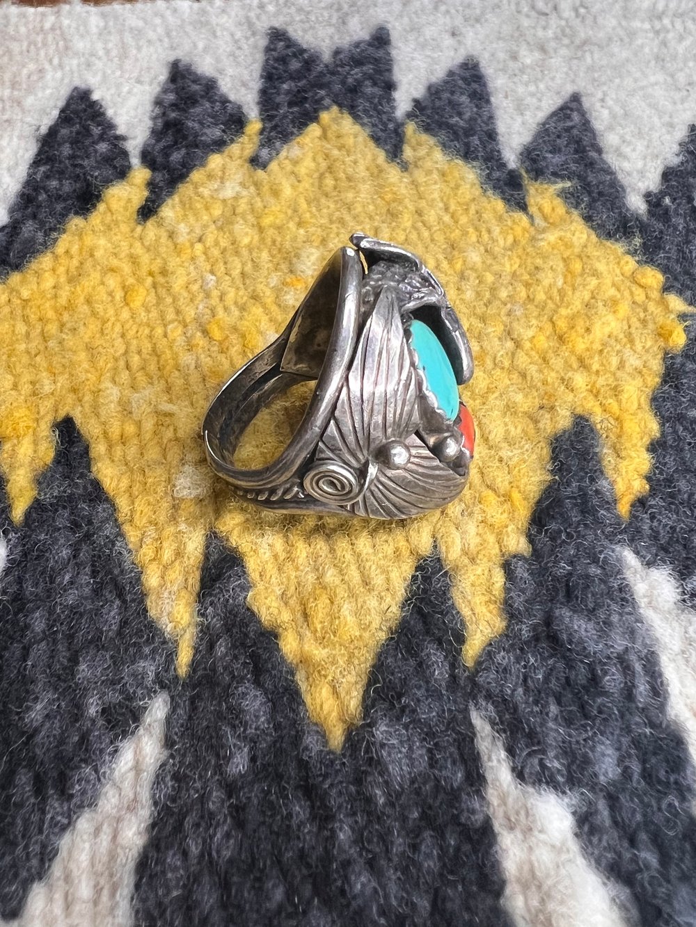 Sterling Eagle with Turquoise and Coral Ring (12.25)