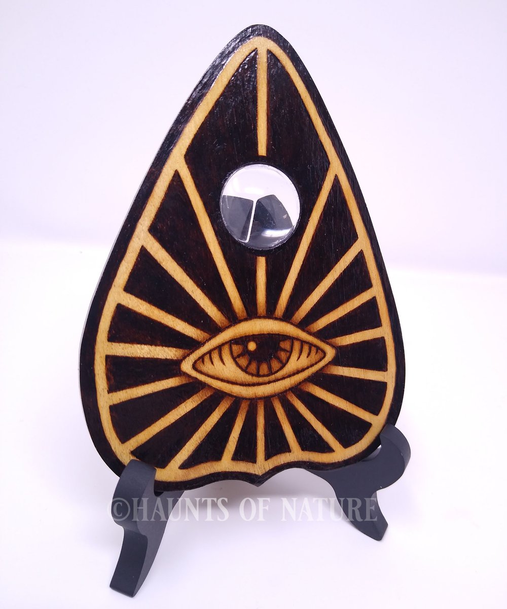 Wood Burned Ouija Planchette: All Seeing Eye (Yellow Heartwood)