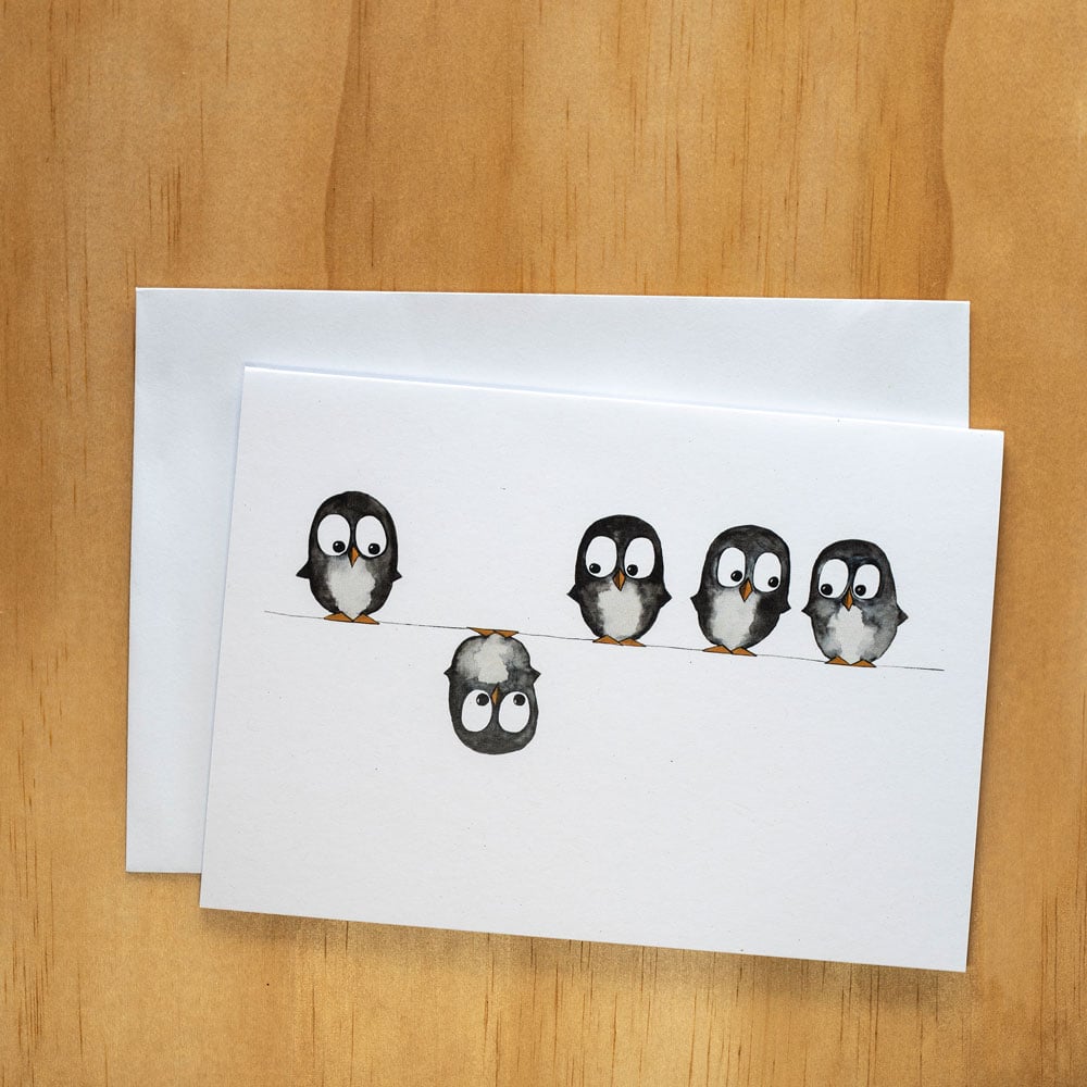 Image of Greeting card - Penguins on a wire