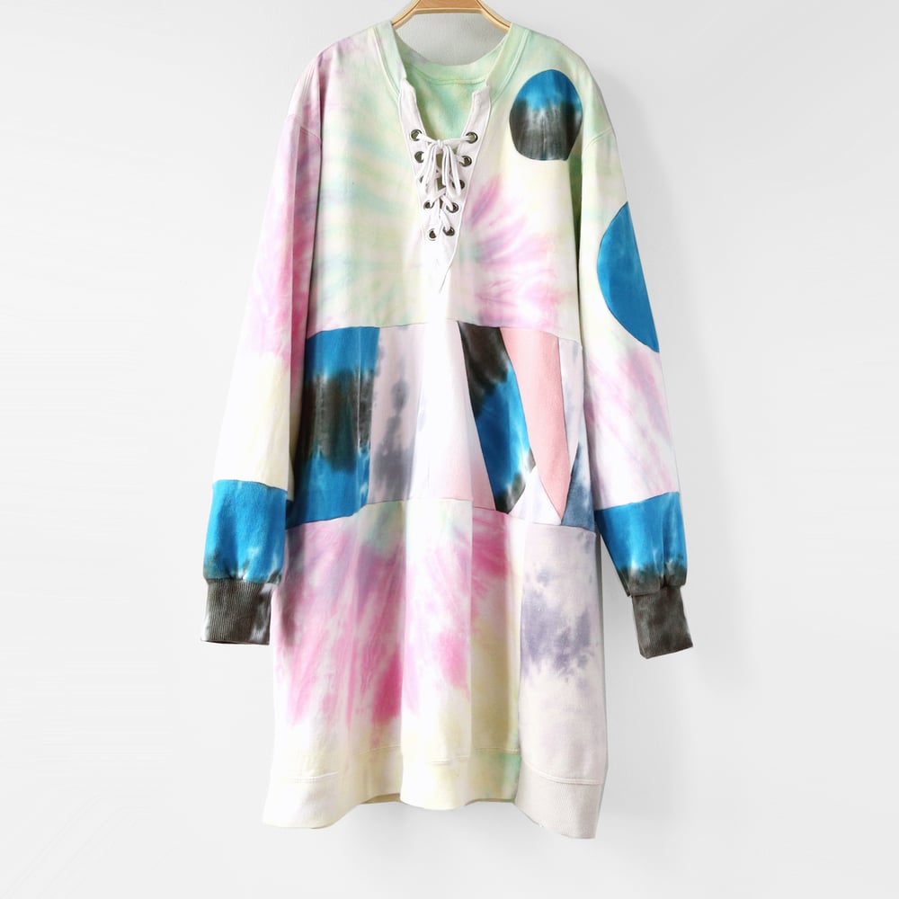 Image of laced up tie dye tiedye patchwork dyed courtneycourtney adult L large sweatshirt dress pullover