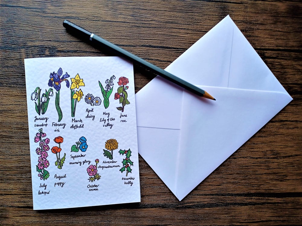 Image of Birthday card with envelope, birth flowers illustration, A6 card