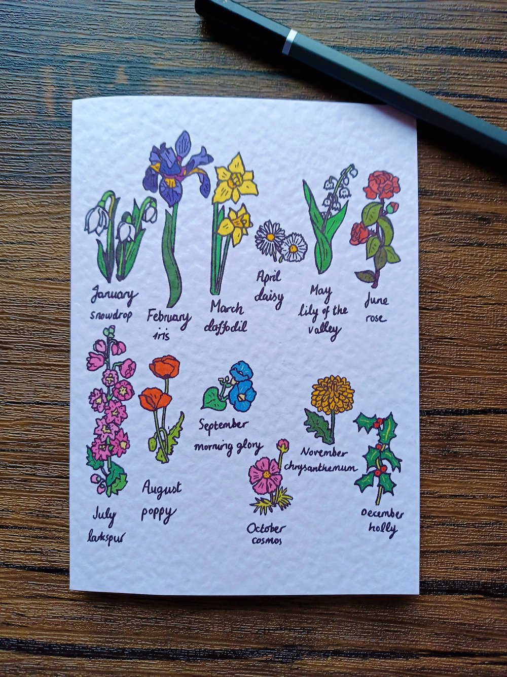 Image of Birthday card with envelope, birth flowers illustration, A6 card