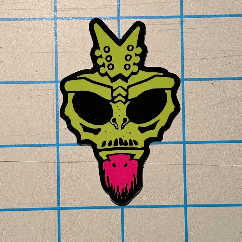 Image of Dimebag Darrell pink beard alien skull Washburn guitar pick sticker
