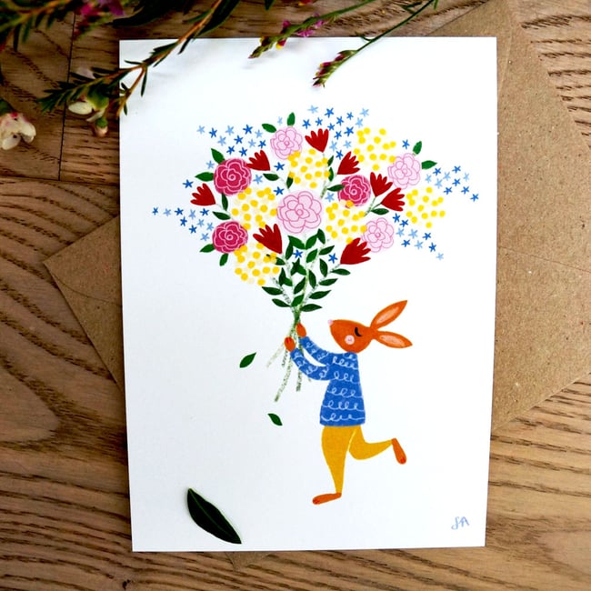carte lapin avec bouquet