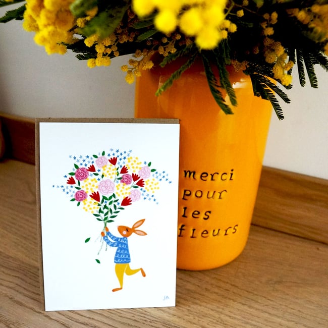 carte lapin avec bouquet