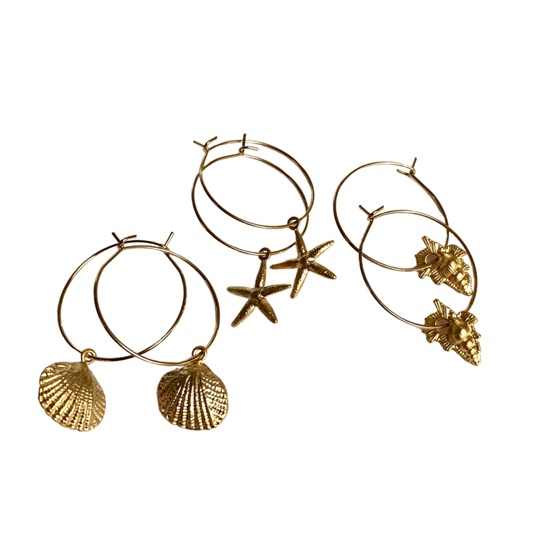 Ltd Ed - Gold Sea Star / Clam / Conch Shell Wire Hoop Earrings