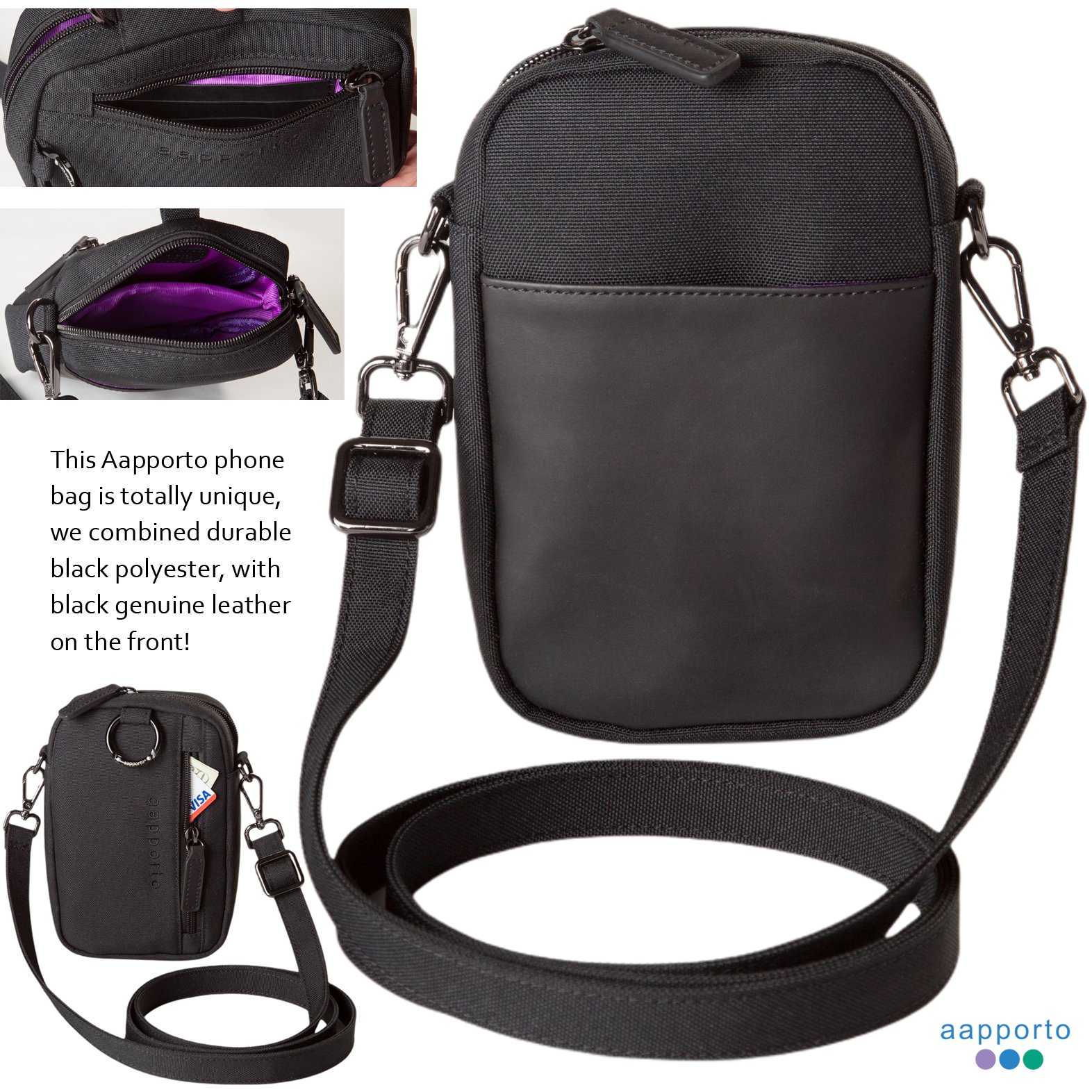 Aapporto Cell Phone Purse Cross Body Shoulder Bag Pouch Genuine Leather Polyester Aapporto