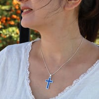 Image 2 of Handmade Navy Blue Lapis Lazuli Sterling Silver Cross 1.19 inches Pendant with 18+2 inches Chain