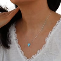 Image 2 of Handmade Blue Created Opal Cross Dainty Pendant with 925 Sterling Silver Chain 16+2 inches