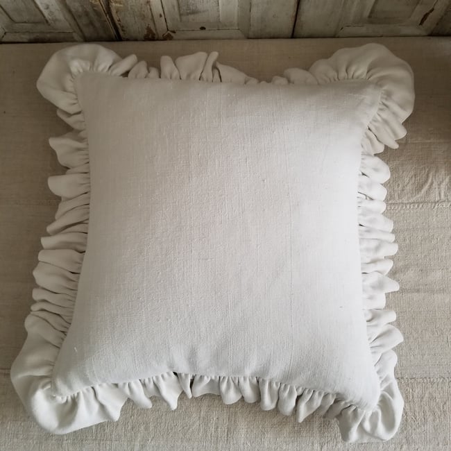 Frilled antique French Linen Cushion. - Large