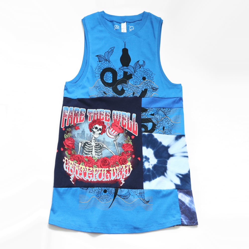 Image of fare thee well grateful dead blue patchwork courtneycourtney tshirt dress size M sleeveless tank
