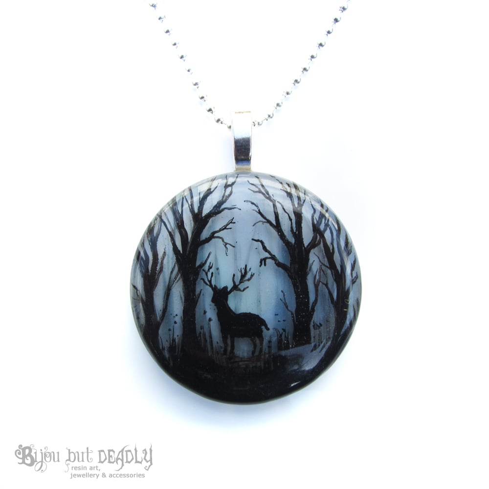 Stag in Enchanted Forest Pendant - Grey/Pale Blue