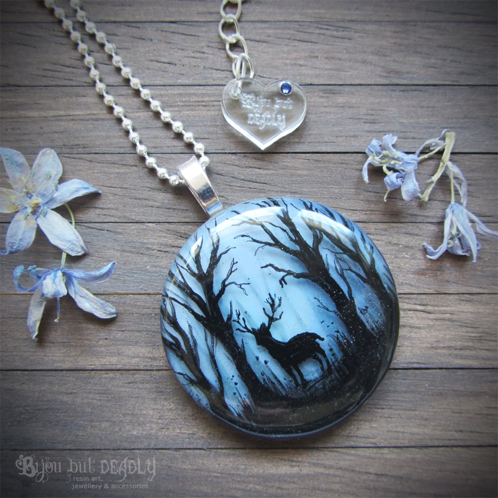 Stag in Enchanted Forest Pendant - Grey/Pale Blue