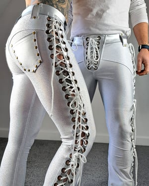 #6 MEN'S WHITE HOLOGRAPHIC LACE UP PANTS