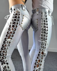 Image 4 of #6 MEN'S WHITE HOLOGRAPHIC LACE UP PANTS