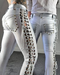 Image 5 of #6 MEN'S WHITE HOLOGRAPHIC LACE UP PANTS