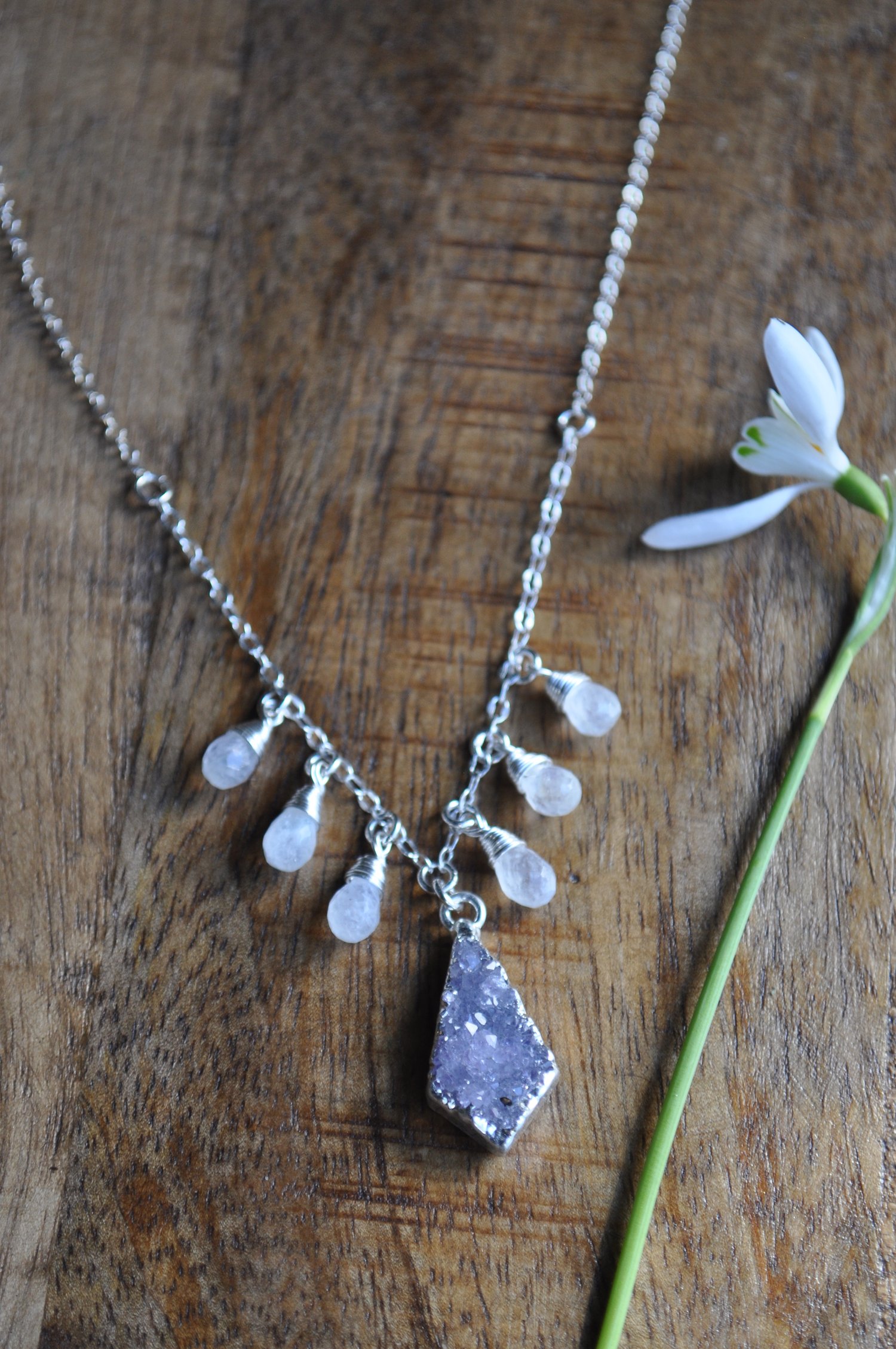 Image of Druzy and Rainbow moonstone Drops Necklace on Sterling Silver