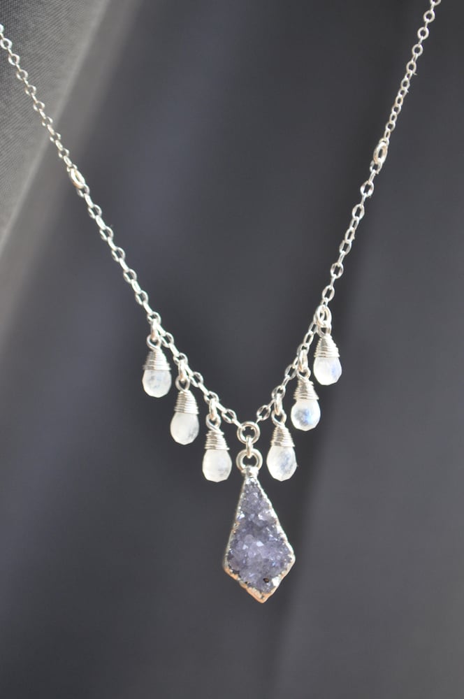 Image of Druzy and Rainbow moonstone Drops Necklace on Sterling Silver