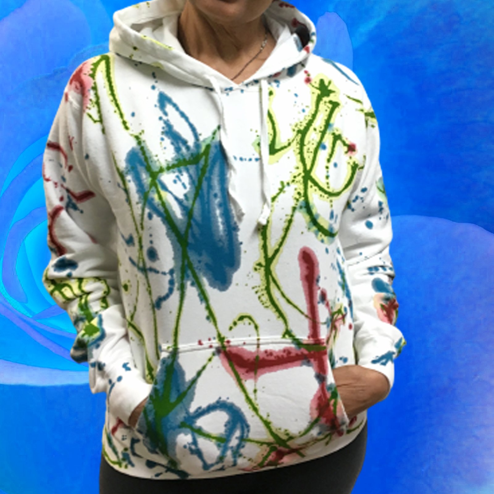 Happy and Free Hoodie. Hand painted soft 80 Cotton 20 eco