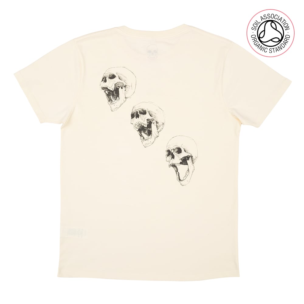 3 Skulls Back Print Unisex Grey T-shirt (Organic) 2 variants.