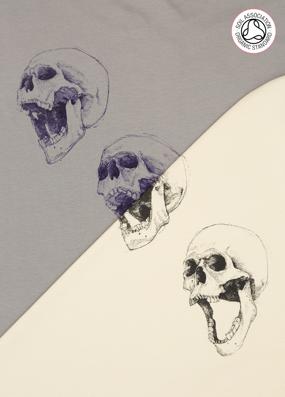 3 Skulls Back Print Unisex Grey T-shirt (Organic) 2 variants.