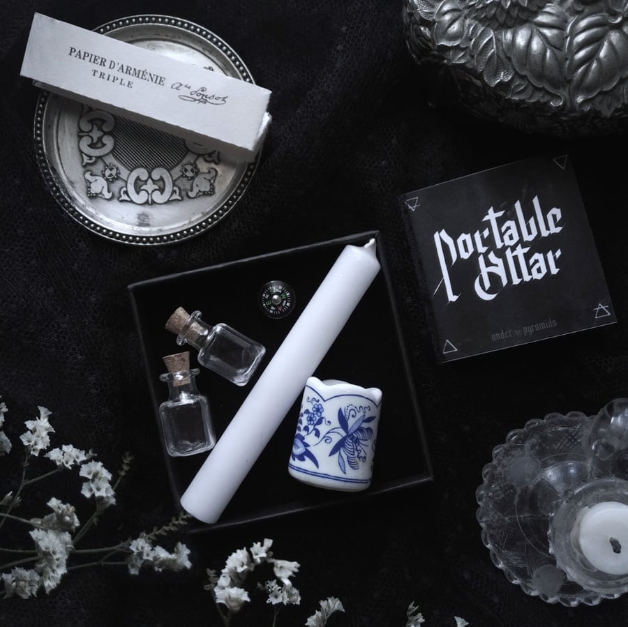 Image of FOLK WITCH. PORTABLE ALTAR KIT ↟ vintage mini tray & candle holder, mini vials, compass, candle...
