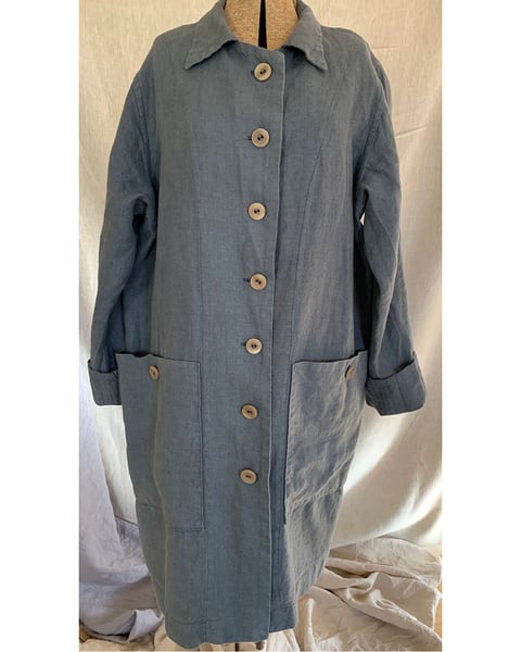 Image of The Sibley Coat in heavy steel blue linen with vintage buttons