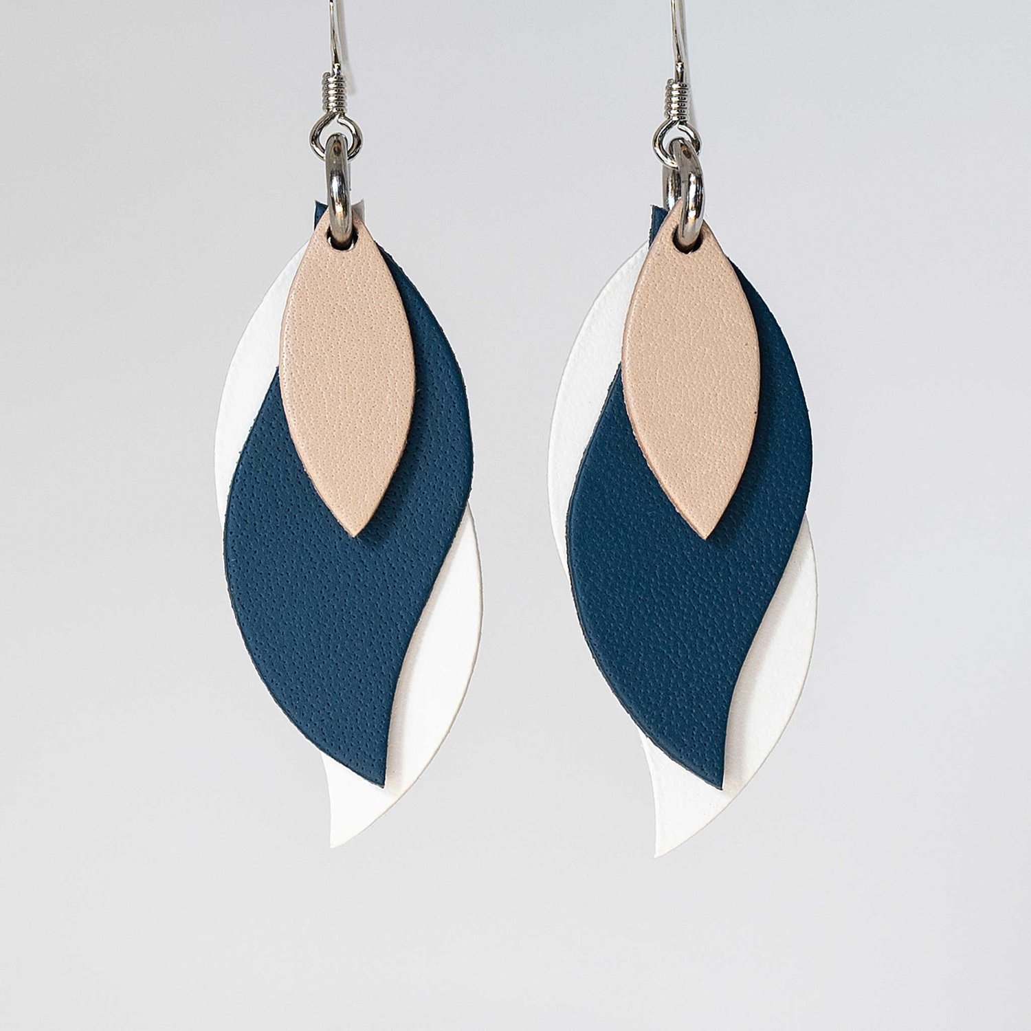 Image of Handmade Australian leather leaf earrings - Beige, royal blue and white [LNY-151]