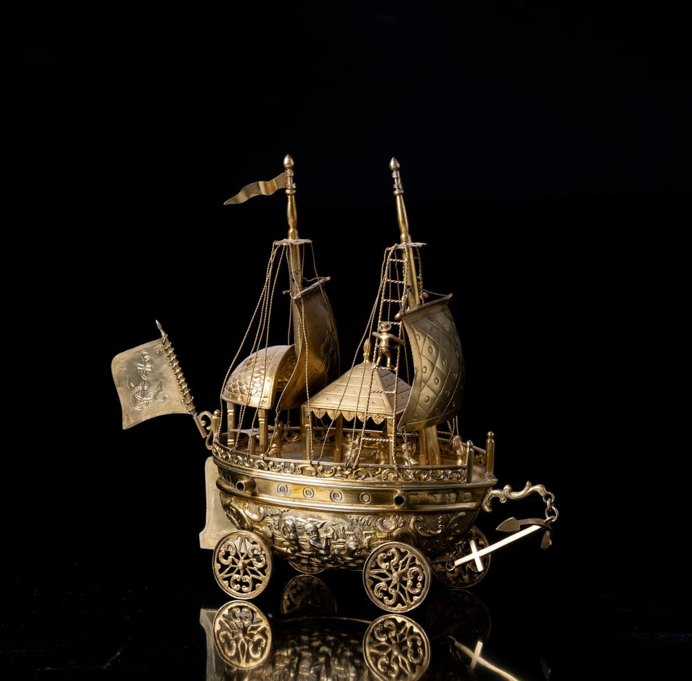 Image of A late 19th century gilt silver Renaissance Revival nef or centerpiece in the form of a Ship