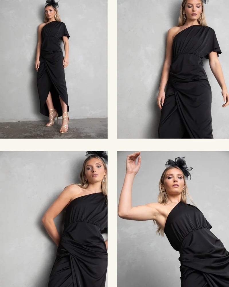 Image of Venice One shoulder Dress. Black. By Cazinc the label. 