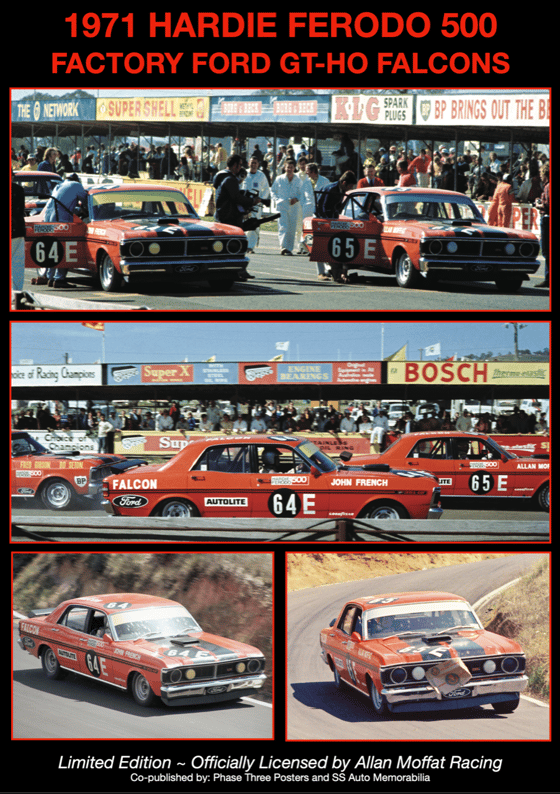 Image of 1971 Hardie Ferodo 500. Factory Ford GT-HO Falcons. New Print. Licensed Allan Moffat Racing.