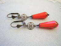 Image 2 of Art deco bronze floral cut out earrings handmade with faceted opaque red coral Czech glass drops