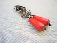 Image 3 of Art deco bronze floral cut out earrings handmade with faceted opaque red coral Czech glass drops