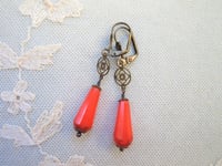 Image 6 of Art deco bronze floral cut out earrings handmade with faceted opaque red coral Czech glass drops