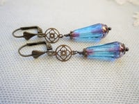 Image 2 of Art deco bronze floral cut out earrings handmade with faceted transparent aqua Czech glass drops