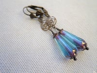 Image 3 of Art deco bronze floral cut out earrings handmade with faceted transparent aqua Czech glass drops