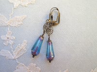 Image 4 of Art deco bronze floral cut out earrings handmade with faceted transparent aqua Czech glass drops