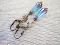 Image 5 of Art deco bronze floral cut out earrings handmade with faceted transparent aqua Czech glass drops