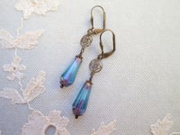 Image 6 of Art deco bronze floral cut out earrings handmade with faceted transparent aqua Czech glass drops