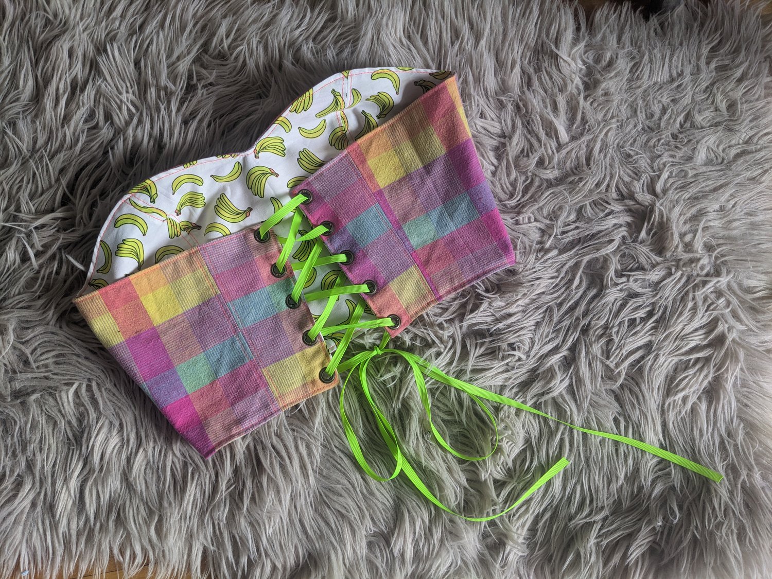 Image of Up-cycled Reversible Bananas/Pink Plaid Bodice Top 