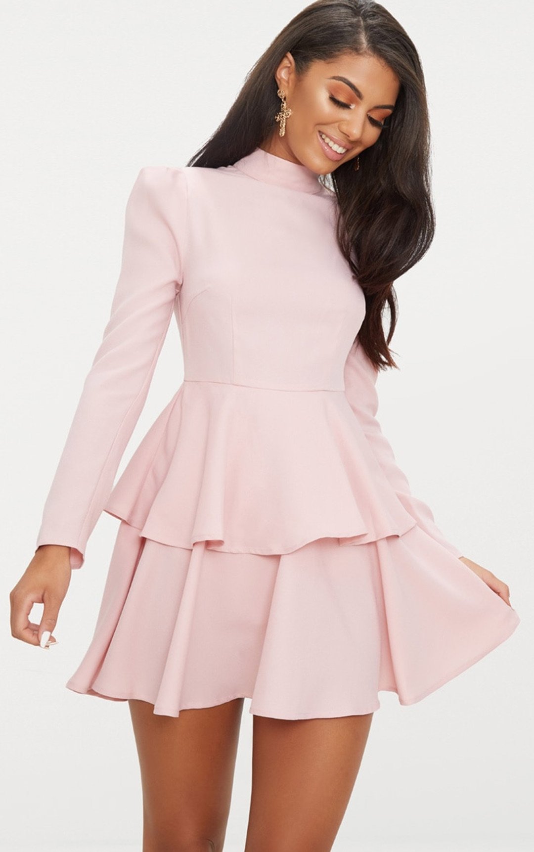 Image of DUSTY PINK HIGH NECK TIERED SKATER DRESS