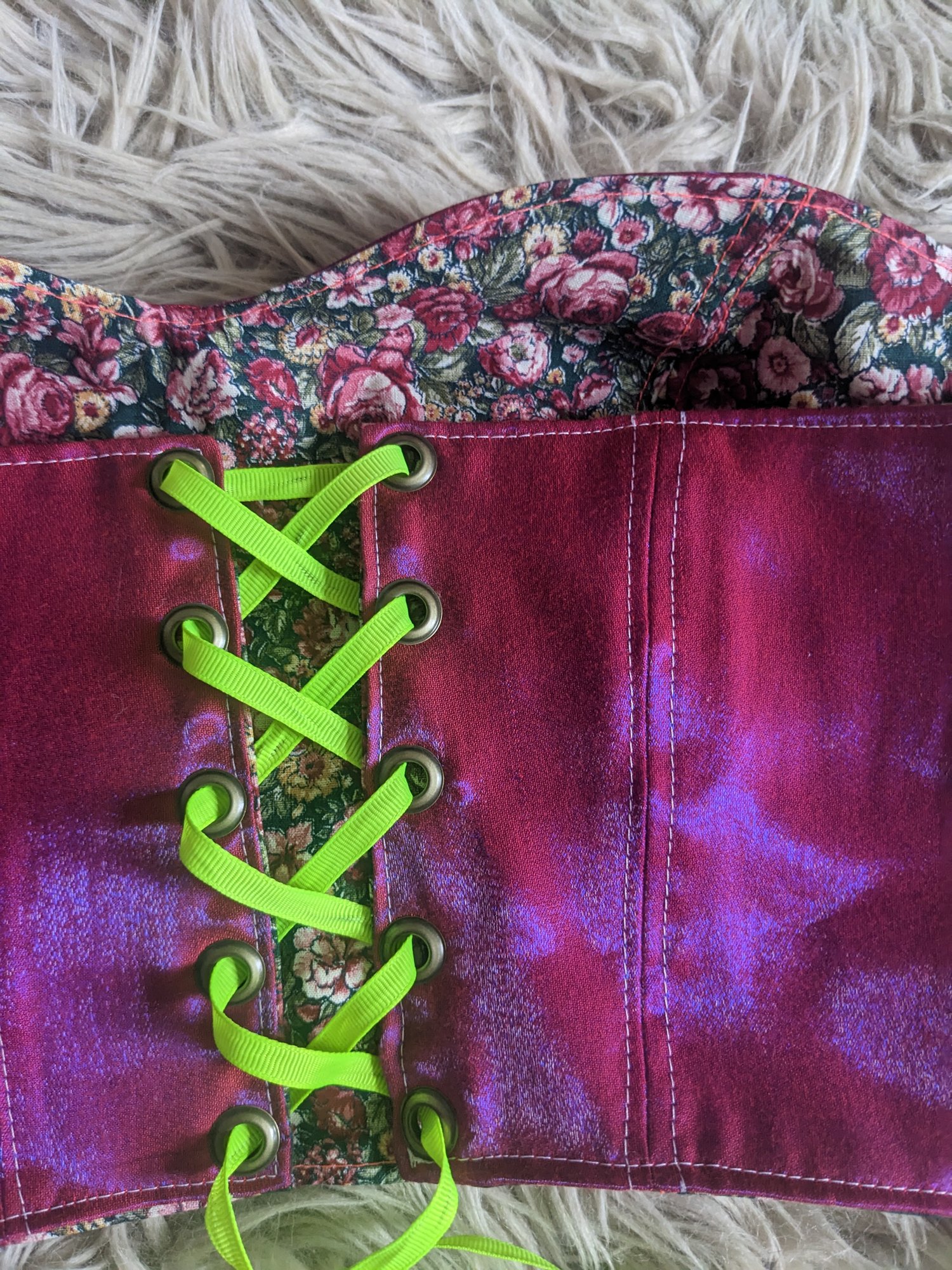 Image of Up-cycled Reversible Iridescent Burgundy/Red Floral Bodice Top