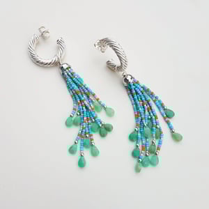 Vintage Silver Hoop Chrysoprase Tassel Earrings