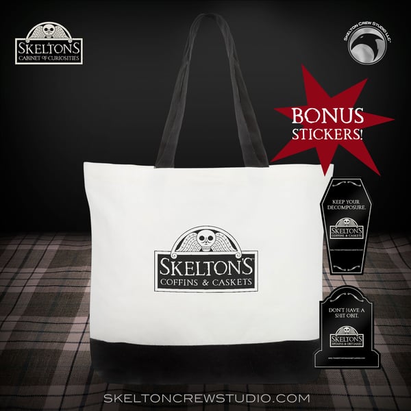 Image of Skelton's Coffins & Caskets canvas tote w/BONUS coffin and gravestone stickers!