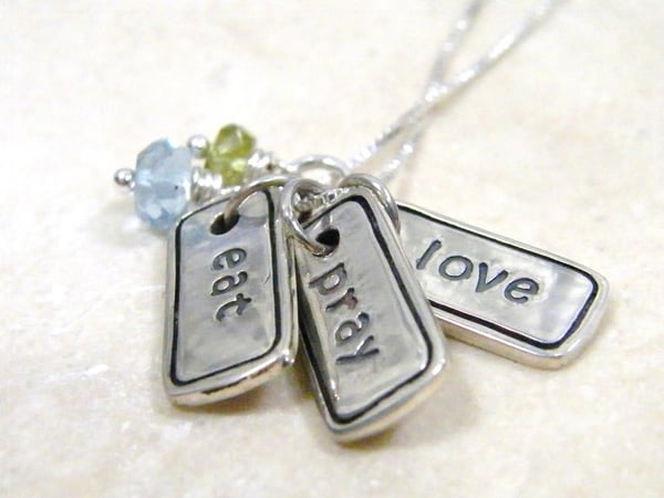 Image of eat, pray, love hand stamped sterling silver charm necklace