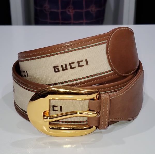 Image of Vtg. Gucci Brown/White Leather/Cloth Belt